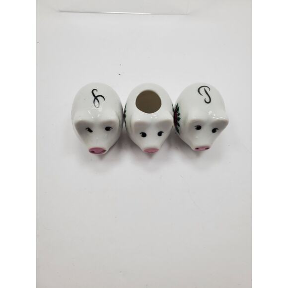 Vintage Cute Ceramic Pig Salt & Pepper Shaker 3-Piece Set w/ Toothpick Holder - Picture 2 of 5